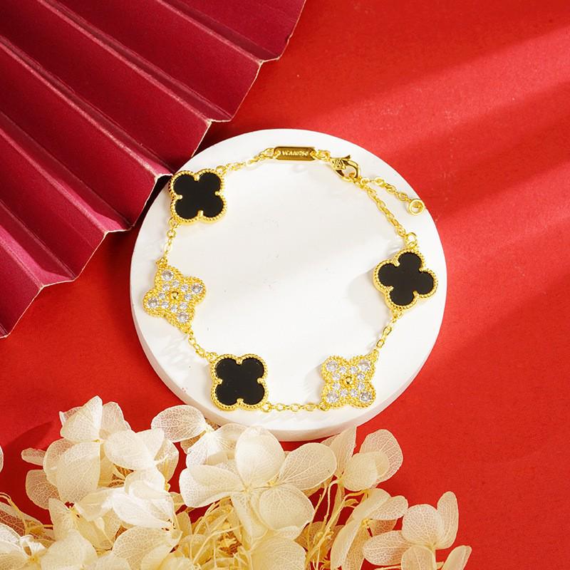 Вьетнамский набор из ожерелья-клевера с золотым покрытием, кольца и браслета с пятью цветами