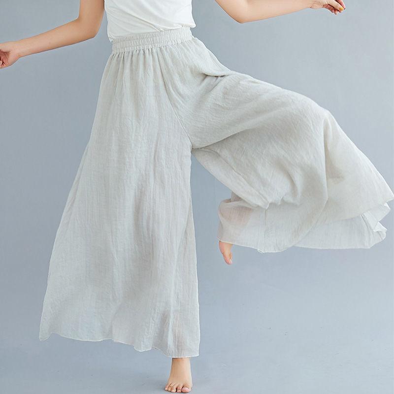 Artistic Cotton Wide Leg Pants for Women's Summer Loose and Casual Solid Color Big Swing High Waist Retro Yoga Pants Skirt