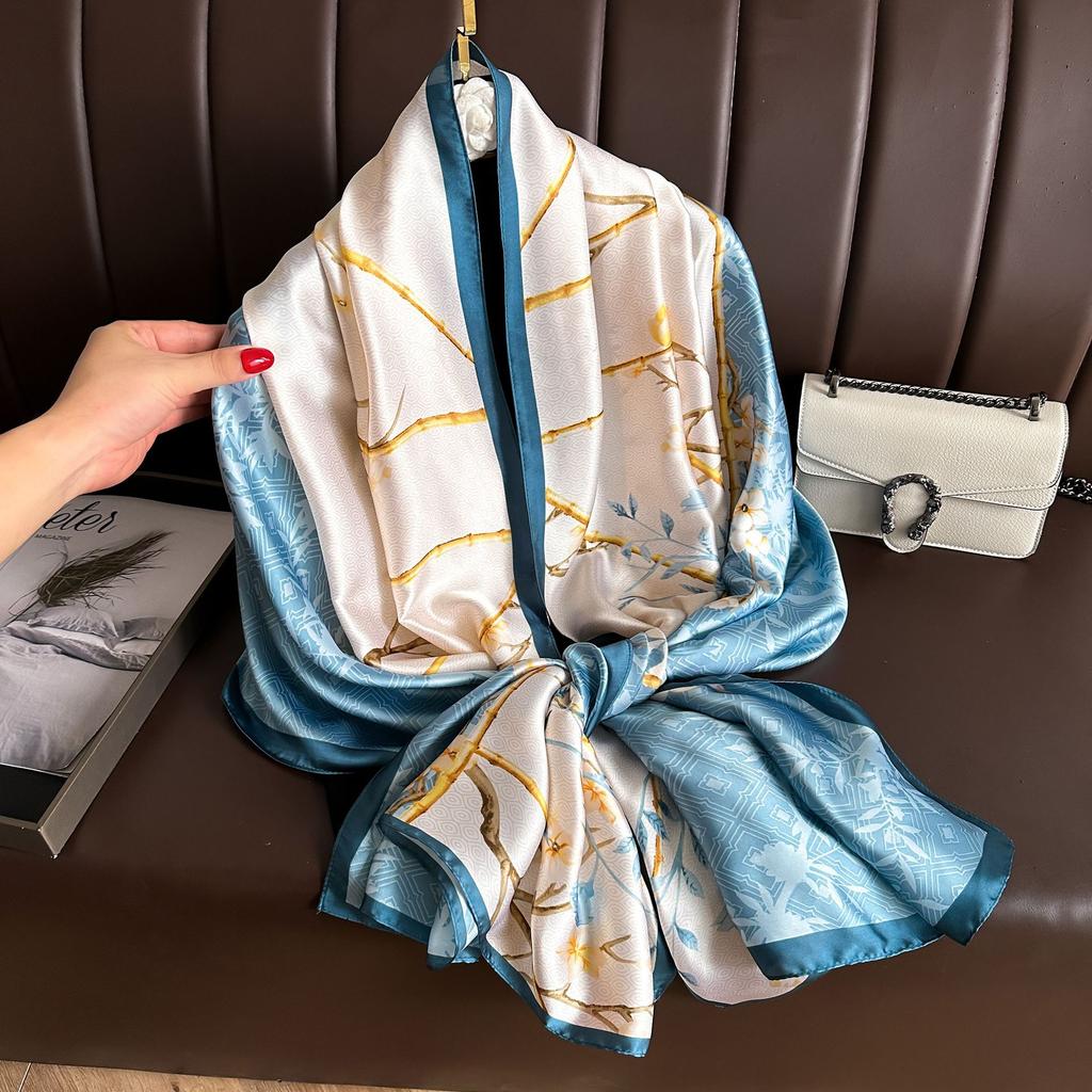Long Silk Scarf Spring and Summer Thin Style Printed Scarf Beautiful Brocade Lotus Shawl Imitation Silk Scarf Gauze Scarf