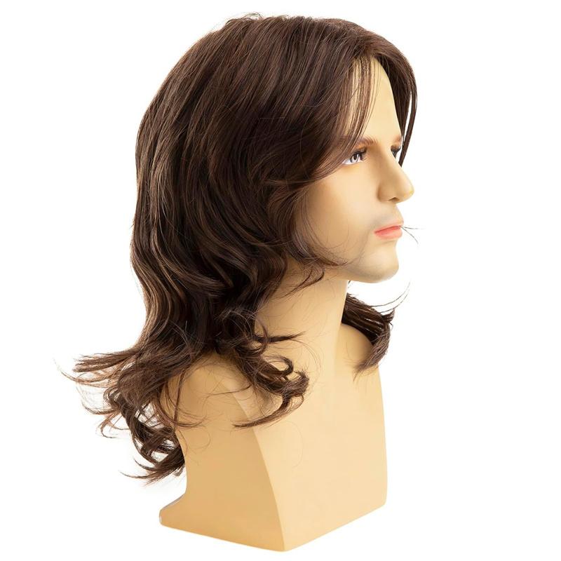 Synthetic Natural Brown Wig Long Curly Hair for Men Daily Use Layered Wig with Bangs Gift Outfits Costume Party Wigs