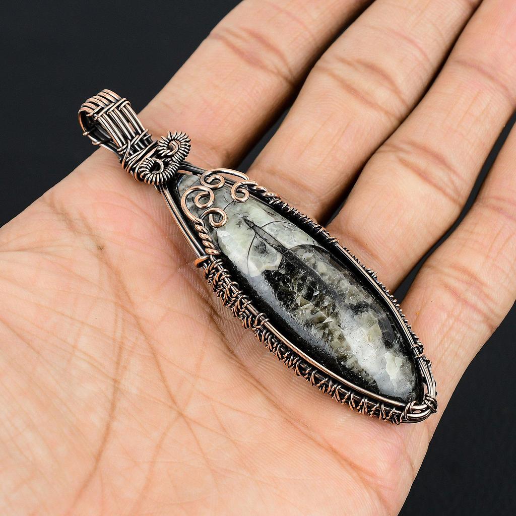 Orthoceras Fossil Jewelry, 999 Copper Wire Wrapped Pendant Handmade Gemstone Jewelry, Gifts For Wedding Pendant