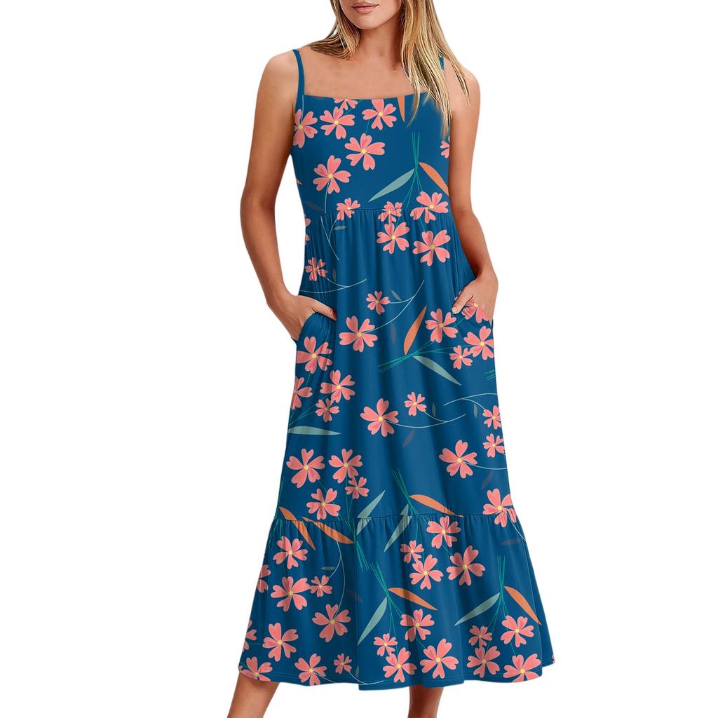 Женское длинное пляжное повседневное элегантное платье макси на тонких бретельках с цветочным принтом, струящееся платье в стиле бохо