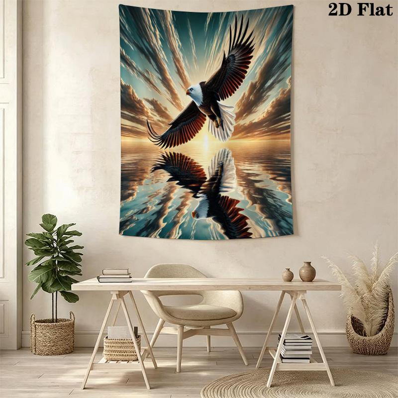 Bald Eagle Catching Fish Tapestry, Sunset Lake Forest Wildlife Oil Painting Wall Hanging Decor