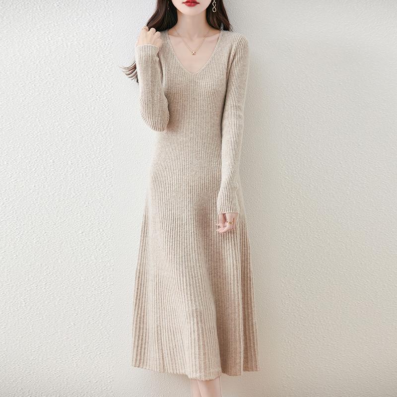 Женское платье-свитер 100% шерсть MODERN NEW SAGA V-образный вырез трикотажный длинный пуловер зимние джемперы шерстяное длинное платье женское