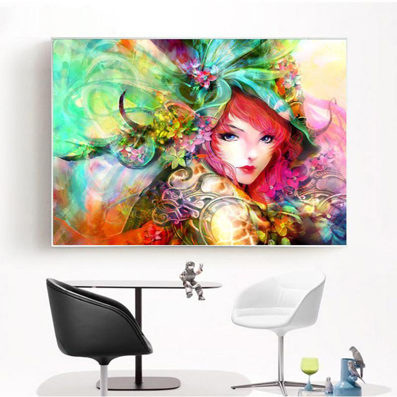 Алмазная вышивка Полный круглый Девушка Цветы Красные волосы Красочная алмазная живопись Домашний декор