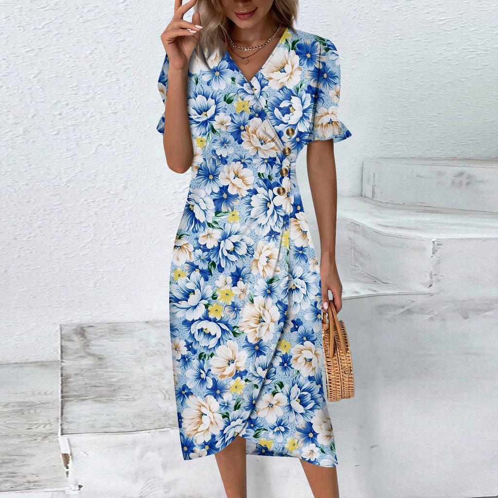 Beach Dresses For Women Spring Summer Elegant Wrap V Neck Floral Boho Dress Flowy Ruched Hawaiian Maxi Dress