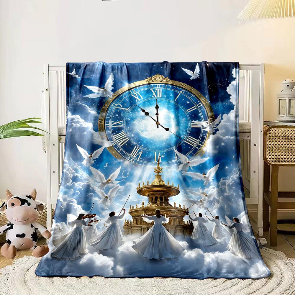 Angel Clock Cloud Printed Blanket Printed Blanket for Living Room Bed Couch lunch break Soft Cozy Blanket for Friend's festival Gift