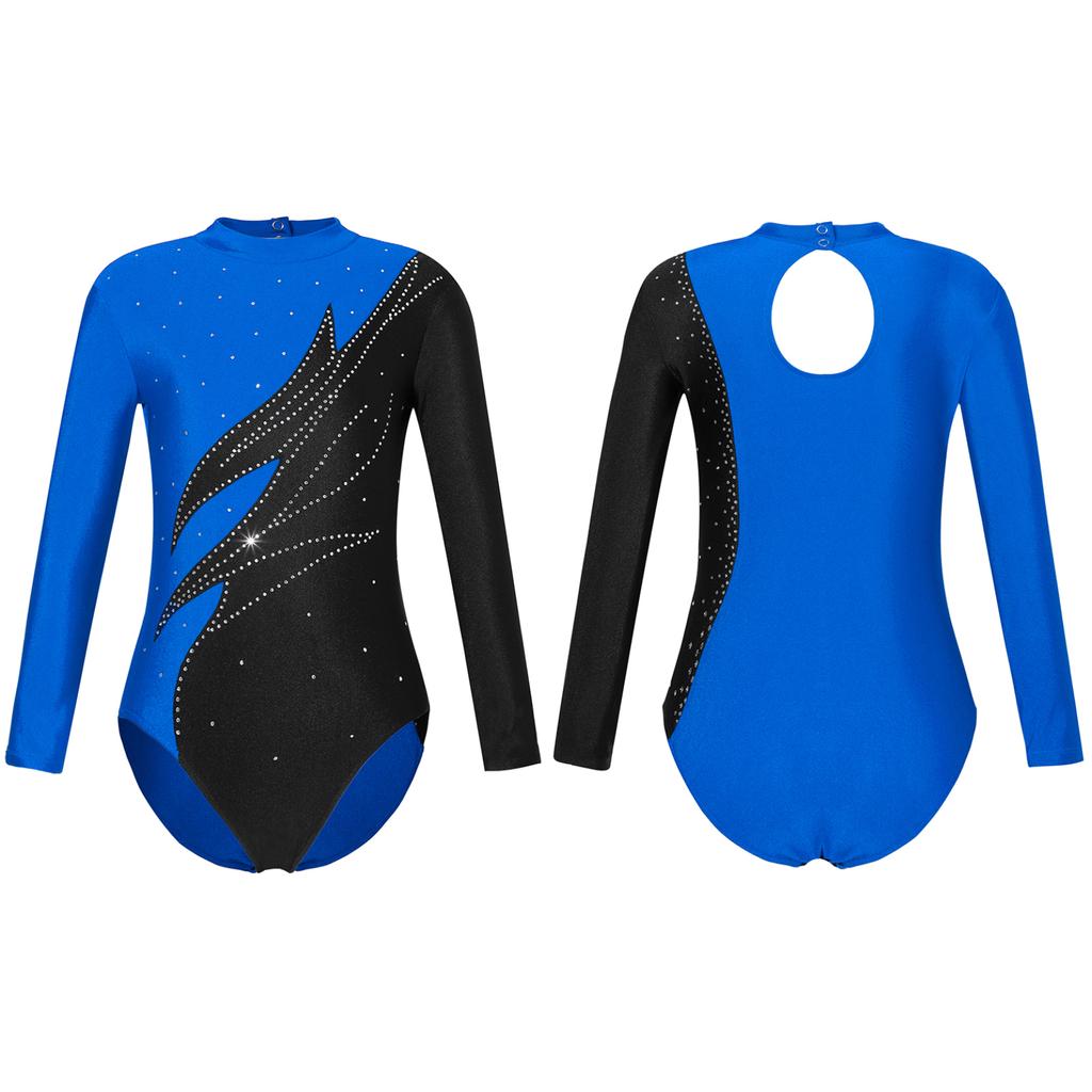 Гимнастический купальник с длинными рукавами для девочек, боди для спортивных танцев с блестящими бусинами и пламенем