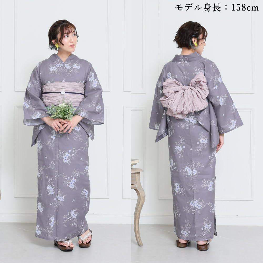 Kimono Yukata Set Heiko Obi 2 Piece Set Dull Color Beige Light Blue Floral Pattern Yukata Cotton Red Plum [Kyoto Yuzen] Women's (Dull Gray)