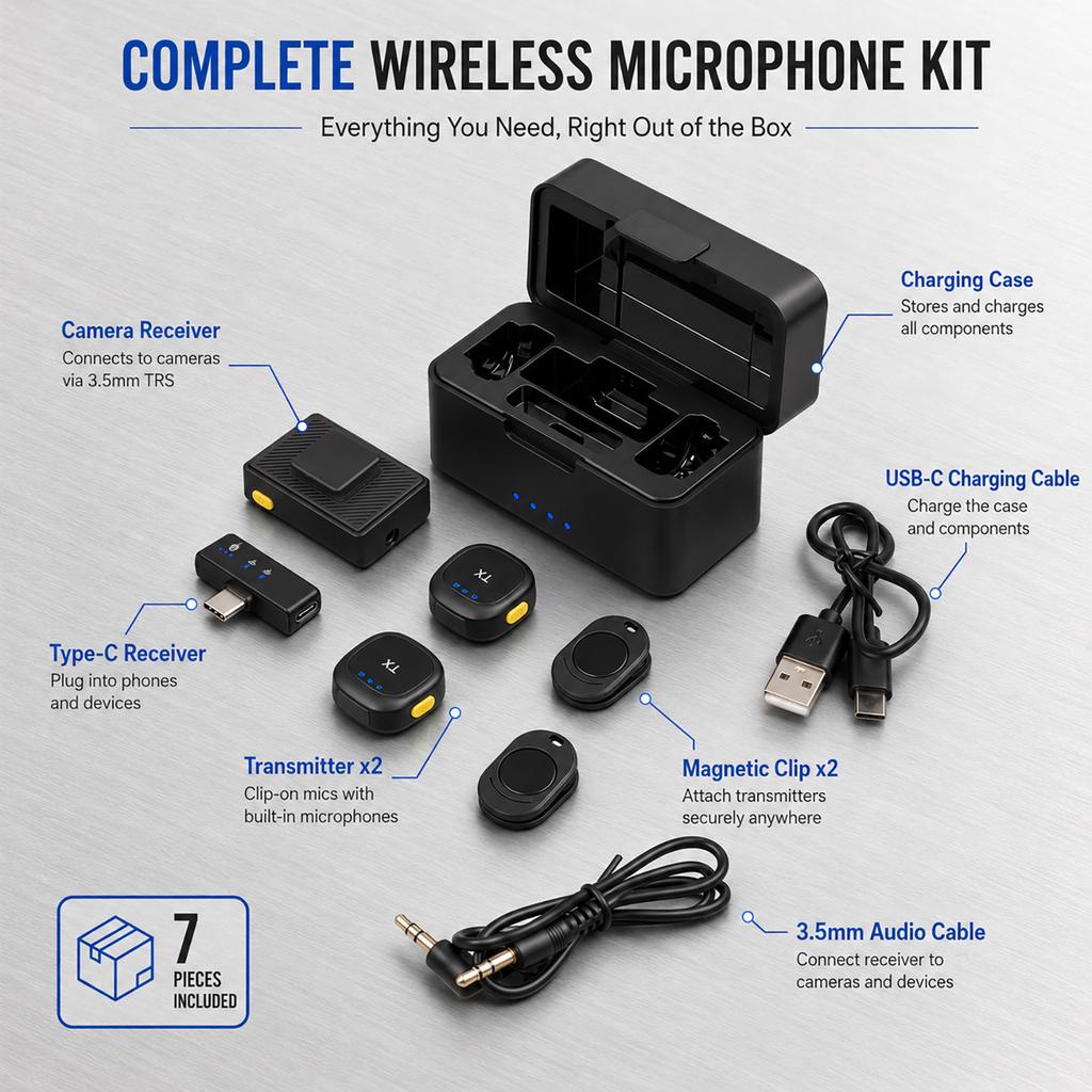 D07 Pro Wireless Lavalier Microphone 2.4GHz Dual TX Mini Clip Mic Noise Reduction for iPhone Android Camera PC Vlog anti-interference Strong signal