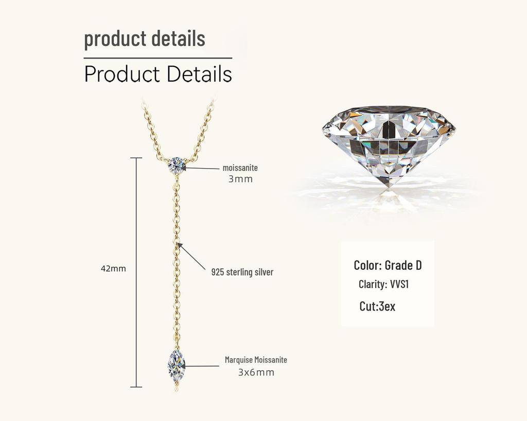 European & American Style Marquise Cut Moissanite Necklace: Women's Niche Design 925 Sterling Silver Clavicle Chain Choker