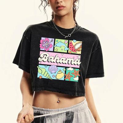 Багама Багама Принт Океанский мир Выстиранная Приталенная Футболка Женская Повседневная Футболка с Круглым Вырезом Уличная Хлопковая Футболка с Коротким Рукавом Кроп-Топ