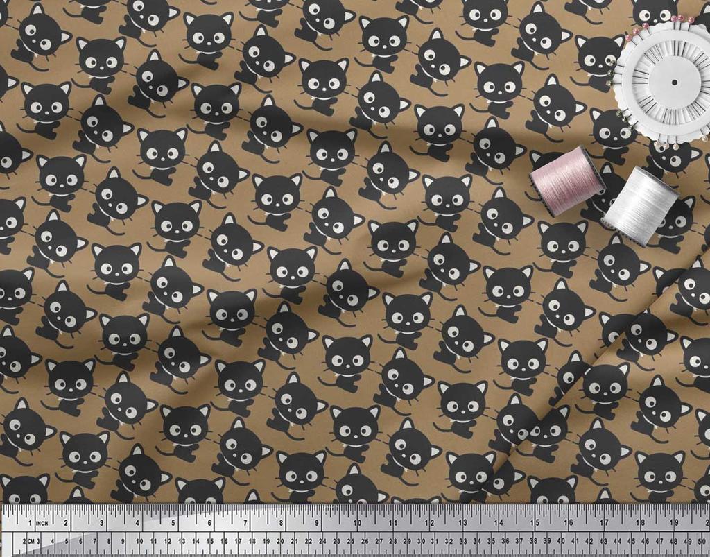 Soimoi Japan Crepe Satin Fabric Cat Cartoon Print Fabric by metre 42 Inch