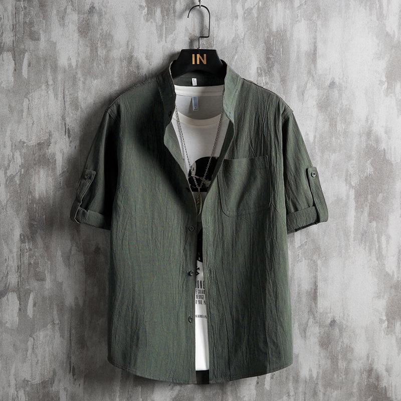 Тонкая рубашка с короткими рукавами, мужская летняя корейская версия рубашки с пятиконечным рукавом, красивая однотонная рубашка большого размера с воротником-стойкой