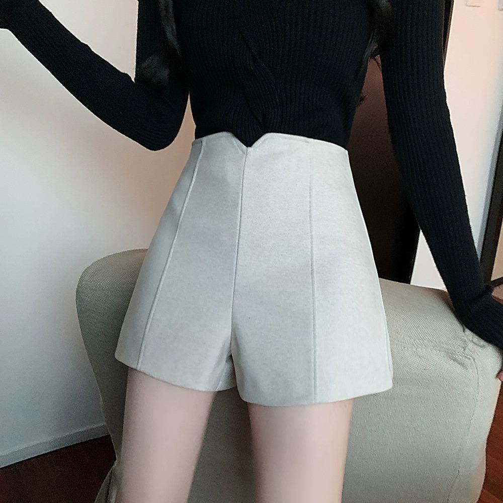 Женские шерстяные шорты с высокой талией - Универсальные осенне-зимние шорты-буткаты черного/абрикосового цвета.