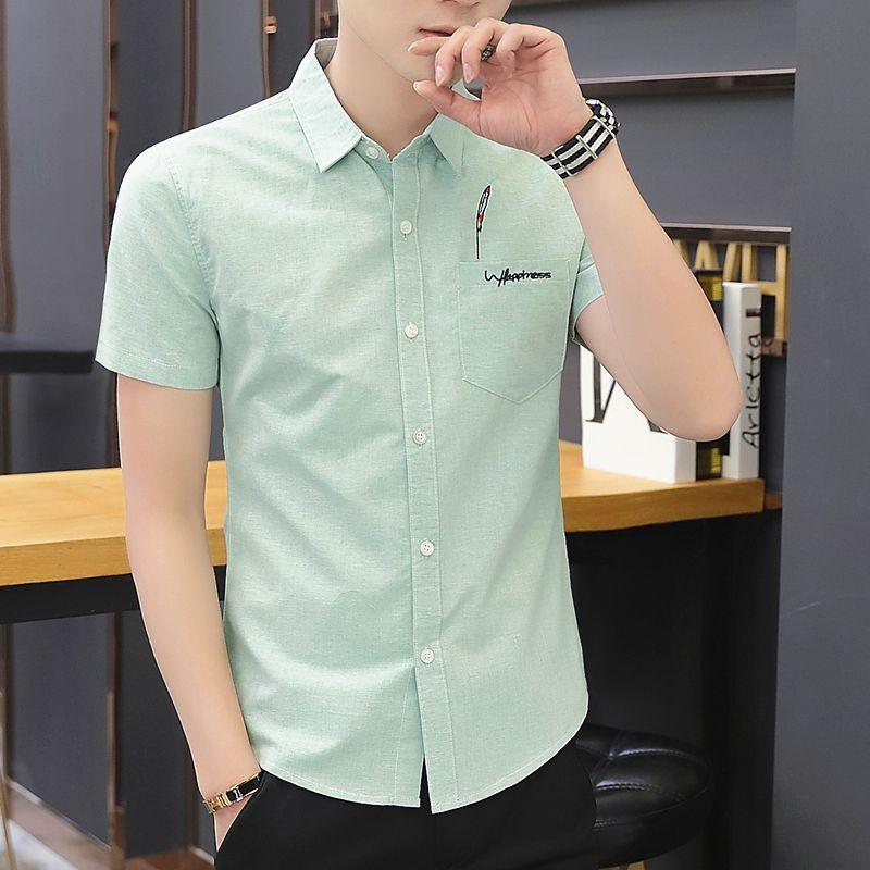 Summer Men's Short-sleeved Shirt Trend Fashion Embroidery Shirt Slim Work Men's Professional Inch Shirt