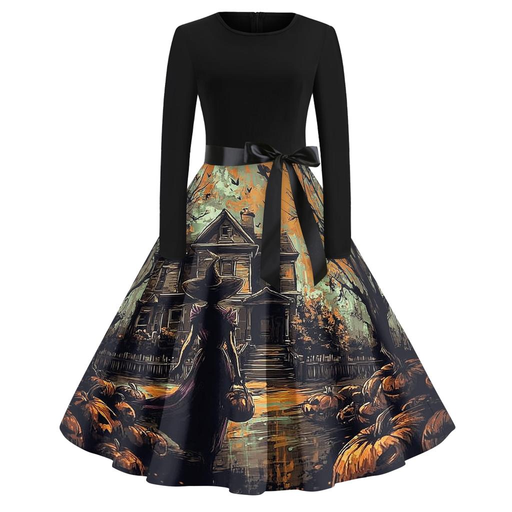 Women's Casual Fashion Round Neck Halloween Printed Vintage Dress