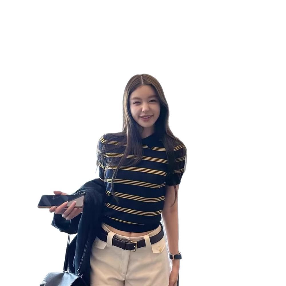 Женский вязаный топ с воротником поло в стиле ретро, с цветными блоками - Короткий рукав, стиль колледжа