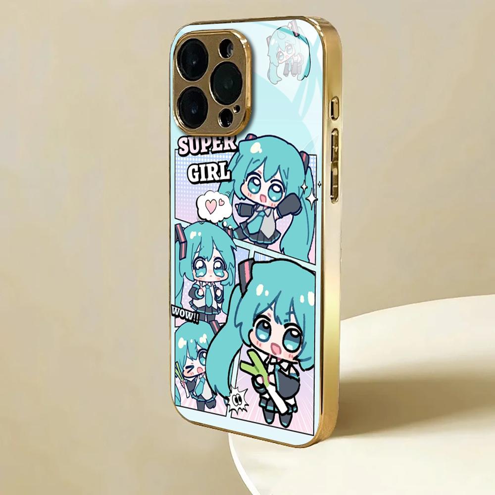 Japan beauty M-MikuES cute girl anime Phone Case For iphone 17 16 15 14 13 12 11Pro Plus Max Gold-plated glass Phone Case