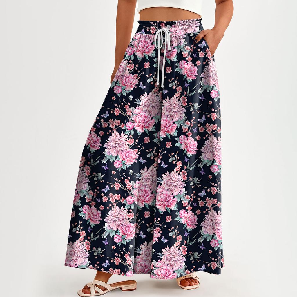 Женские брюки с высокой талией, широкие, повседневные, струящиеся брюки-палаццо, брюки с цветочным принтом и карманом