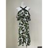 2025 Summer New Island Style Green Leaves Print Hanging Neck off-Shoulder Dress Vacation Sense Long Dress