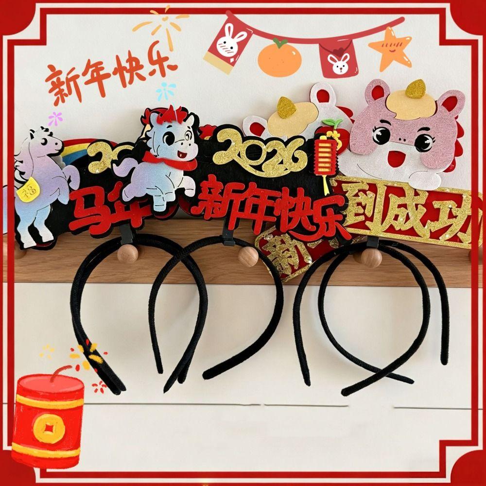 Red 2026 Happy New Year Headband Cartoon Pony Year Horse Year Hairband Mascot Horse Chinese Style New Year Headdress
