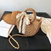 Straw Bag Women Hand-Woven Handbag Moon Shape Lace Bow Rattan Bag Big Capacity Drawstring Casual Beach Shoulder Crossbody Bag
