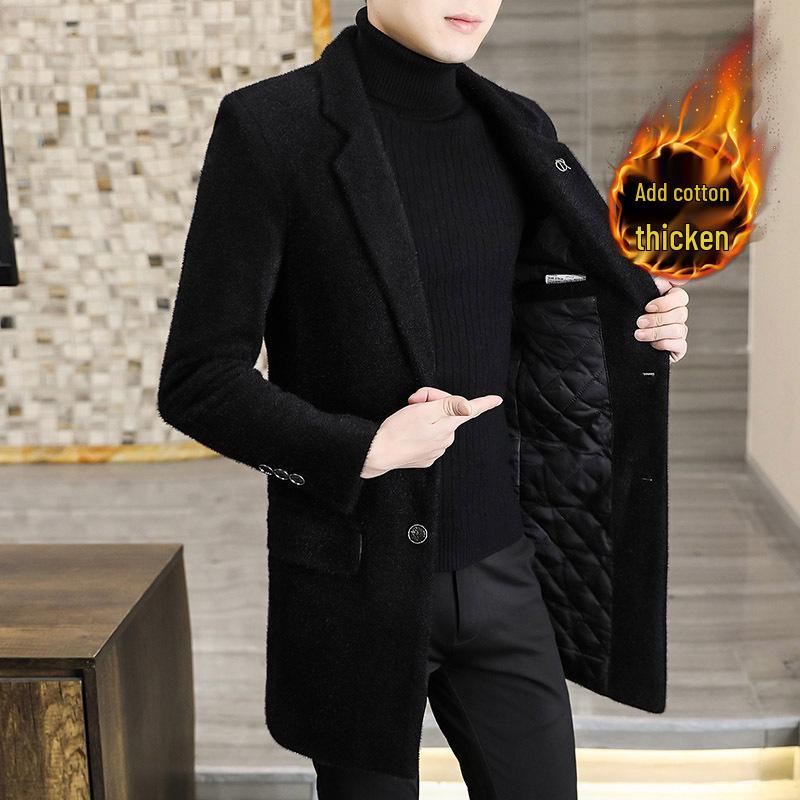 Мужской шерстяной тренч средней длины - Золотистый соболиный бархат, Утепленный, Зимний, с воротником