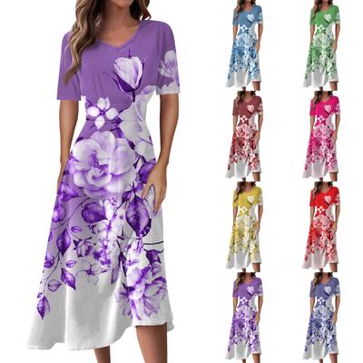 Женское повседневное модное платье с цветным V-образным вырезом и коротким рукавом на талии, длинное свободное платье