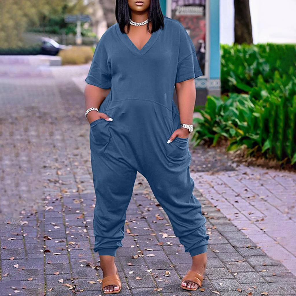 Женский свободный повседневный комбинезон больших размеров с v-образным вырезом и короткими рукавами, однотонный карманный комбинезон