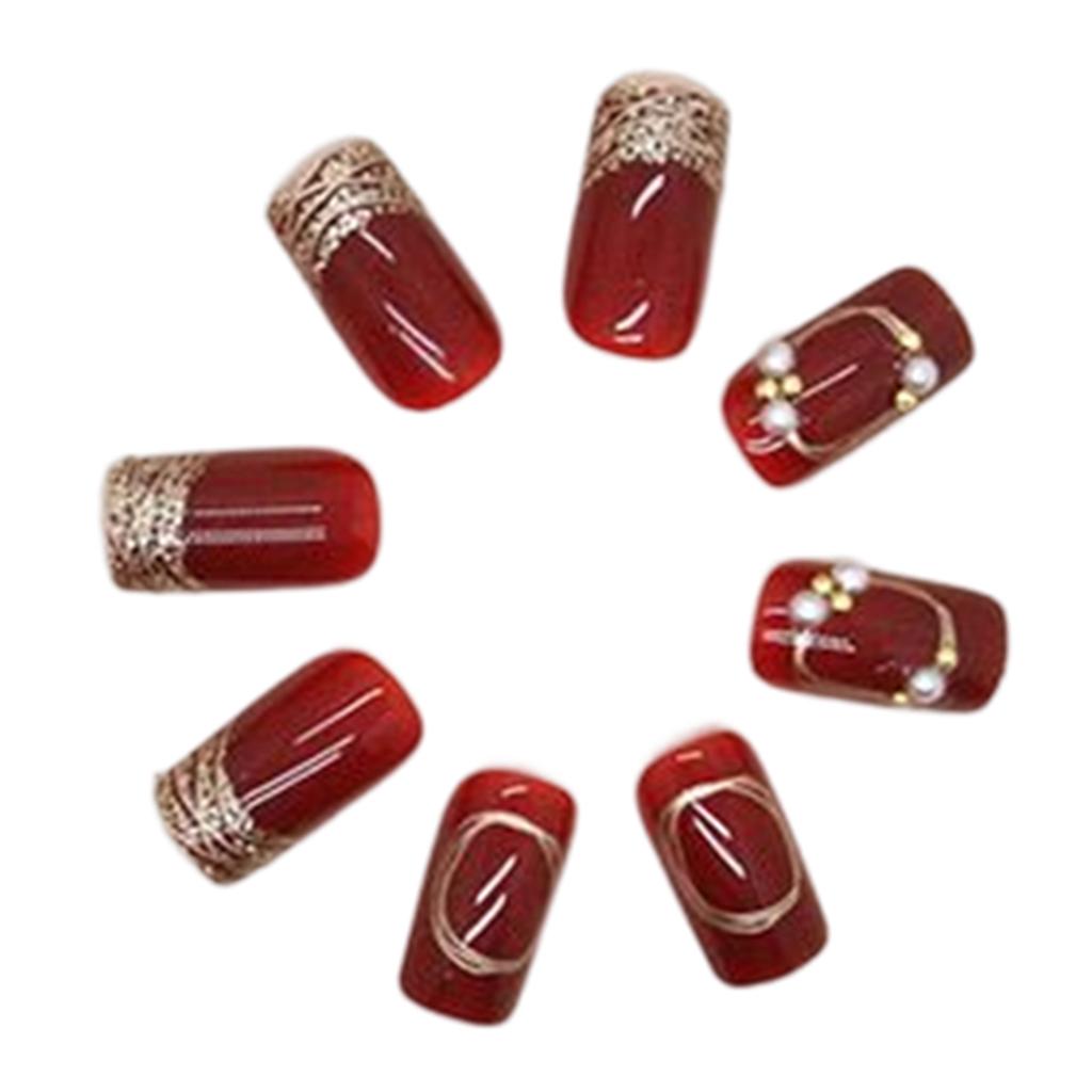 Wine Red Glossy Fake Nails New Year Square Tips Reusable Artificial Nail for Daily Students Nail Decoration