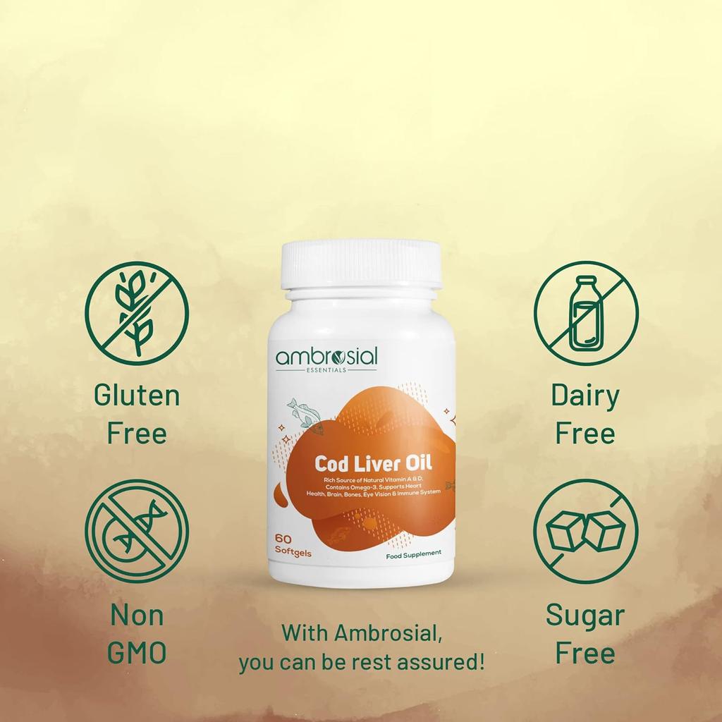 AMBROSIAL чистый рыбий жир 300 мг, высококонцентрированный рыбий жир, богатый омега-3 EPA DHA жирными кислотами, витаминами A и D (Упаковка из 2-120 мягких капсул)