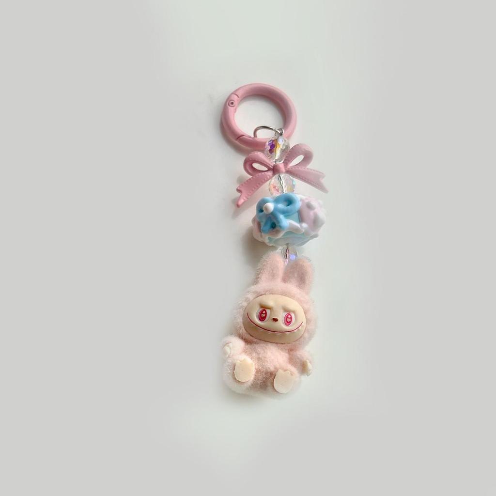 Flocked Labu Labubu Mini Keychain: Cute Grain Stroller Bag & Phone Pendant Ornament