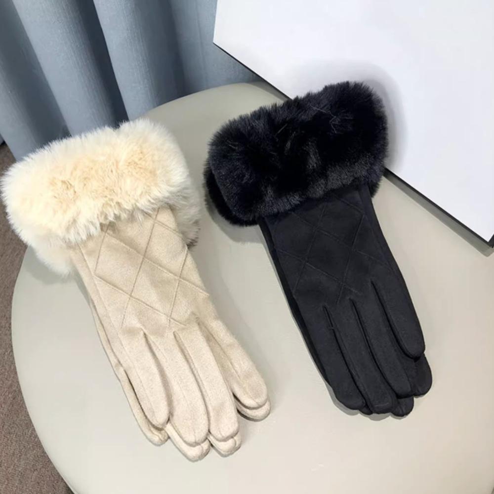Plush Gloves Suede Women Cycling Mittens Retro Winter Fleece-lined Gloves Driving