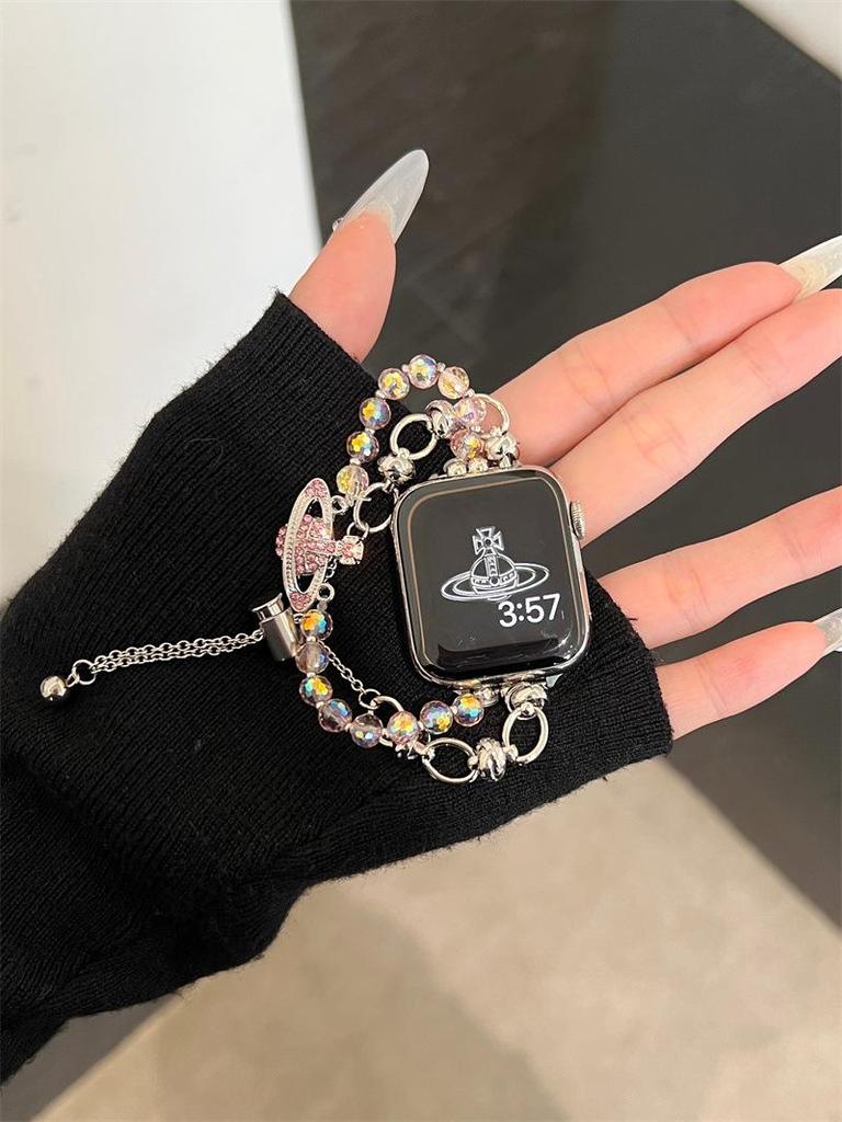 Элегантный металлический браслет королевы-матери для Apple Watch 10, 9, SE, 8, 7 — с цепочкой из 654 бусин.