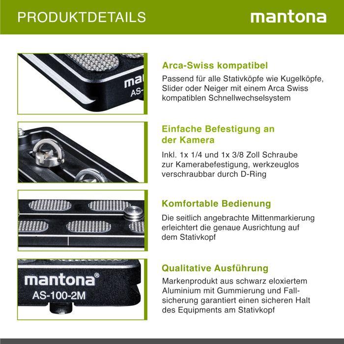 Plaque de Changement Rapide - Mantona - 21464 - Aluminium - Compatible Arca Swiss - Noir