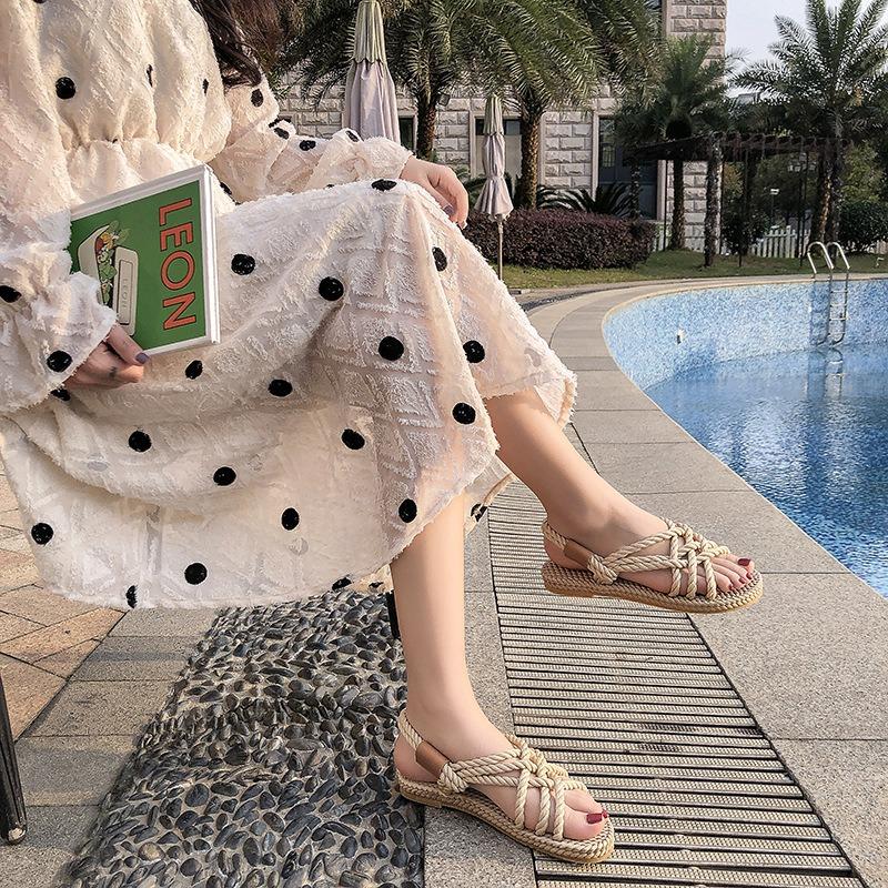 Сандалии женские с плоской подошвой из пеньковой веревки с перекрестными ремешками женские туфли с открытым носком повседневные пляжные сандалии