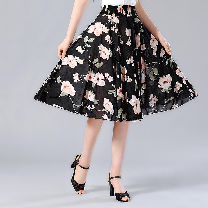 Women's Summer Floral Ice Silk Pleated Skirt - Mid-Length with Elastic Waist