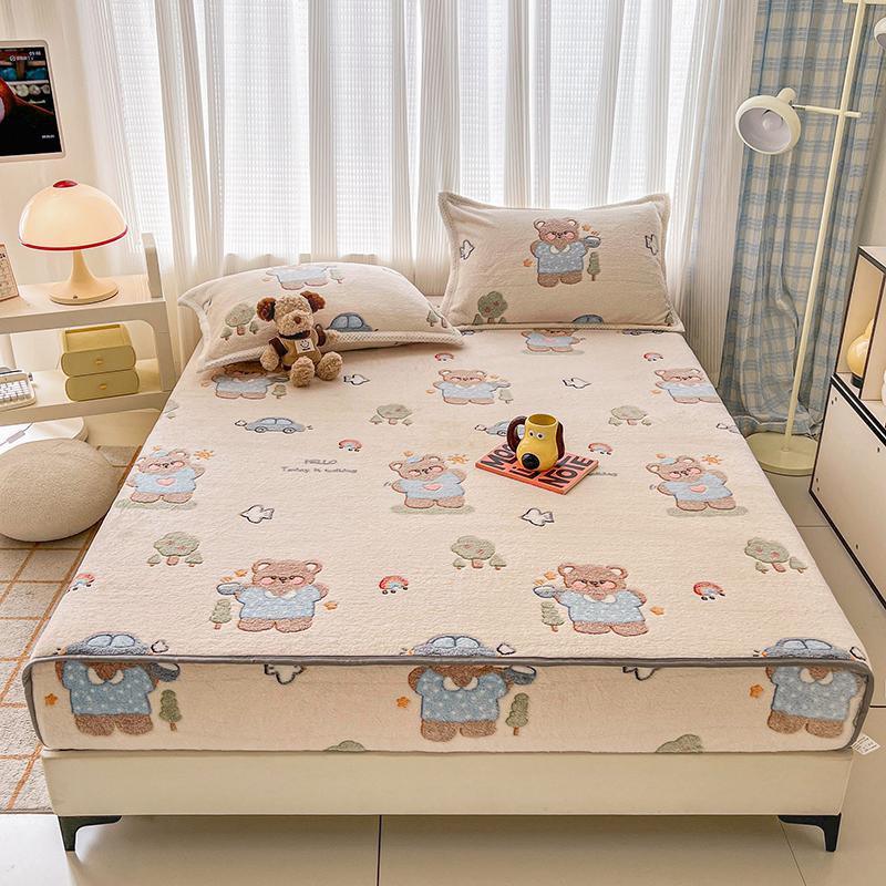 Flannel Fitted Sheet Warm Bedsheet Cartoon Bed Cover Thicken Bed Linen Winter Mattress Protector sabanas (Pillowcase Need Order)