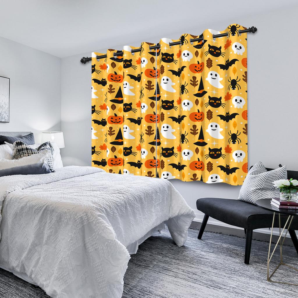 2 шт./набор Ужасы Хэллоуин Оконная занавеска Летучая мышь Паук Тыква Привидение Дом с привидениями Домашний декор Затемняющие шторы из полиэстеровой ткани