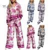2 Pcs/Set T-shirt Pants Set Floral Print V Neck Long Sleeve Bohemian Striped Top Wide Leg Elastic Waist Pockets Trousers Lady Casual Clothes