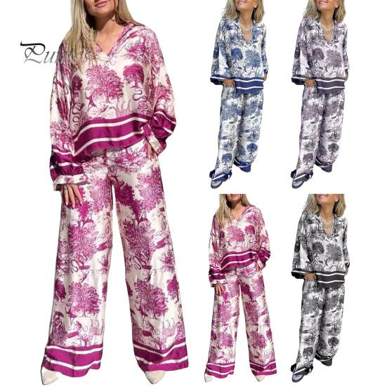 2 Pcs/Set T-shirt Pants Set Floral Print V Neck Long Sleeve Bohemian Striped Top Wide Leg Elastic Waist Pockets Trousers Lady Casual Clothes