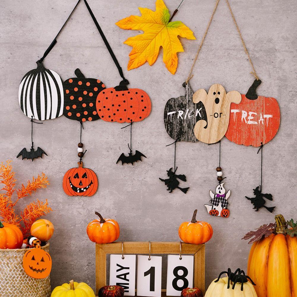 2pcs/set Colorful Halloween Wooden Pendants Witch Pumpkin Bat Ghost Wall Hanging  Halloween