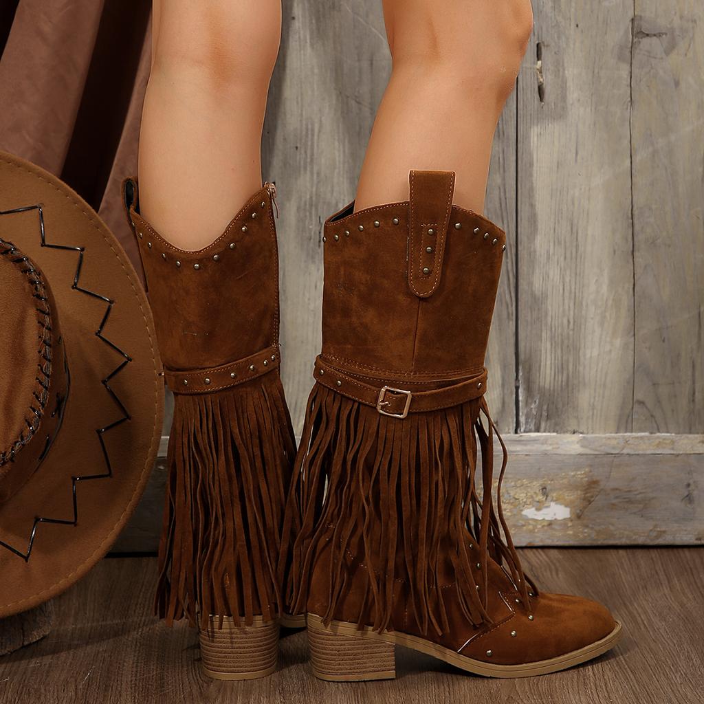 Fashion Aphixta Blue Fringe Dec Pointed Toe Knee Boots Women Winter Autumn Shoes Side Zip Med Heels Women Boots Big Size 43