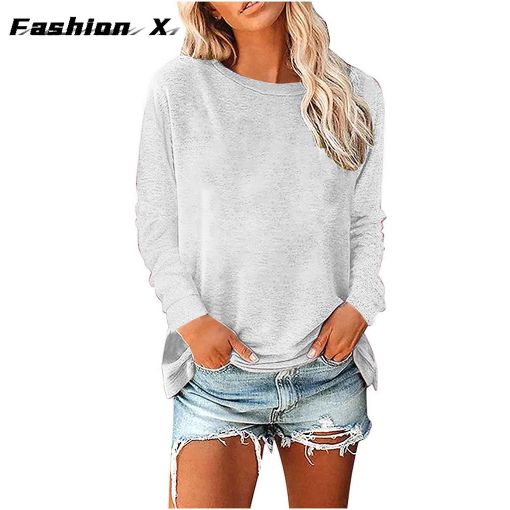 Женский свободный пуловер с круглым вырезом, однотонная женская футболка с длинными рукавами, топ