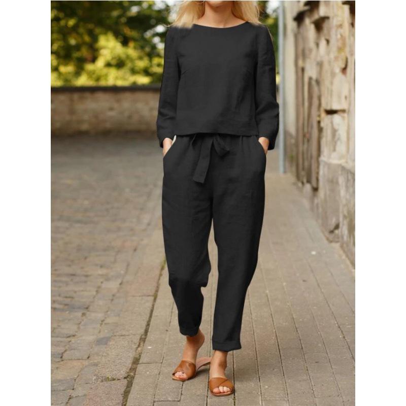 Женский осенний однотонный повседневный комплект топ и брюки