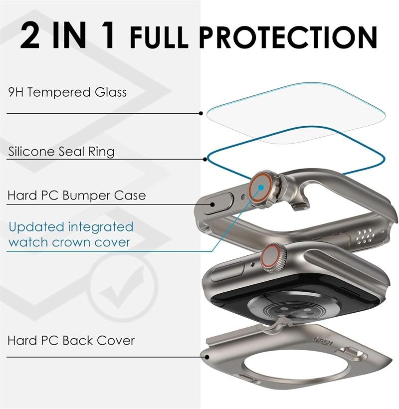 Сменить на Защитное стекло Ultra Glass + Чехол для Apple Watch 11 10 9 8 7 45мм 41мм 44мм 40мм IWatch S10 42мм 46мм Жесткий чехол из ПК