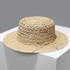Hollow bow flat top French raffia straw hat women's summer new top hat French seaside sand shows small face