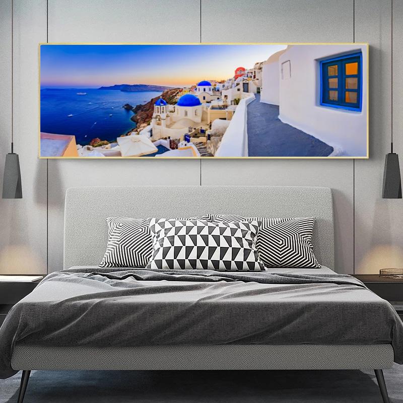 Greek Village Posters Santorini Landscape Painting Canvas Prints Wall Art Pictures for Living Room Sunset Sea Cuadro No Frame