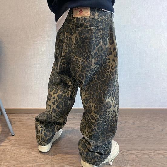 Men Pants Loose Deep Crotch Retro Hip Hop Leopard Print Soft Breathable Pockets Mid Waist Full Length Stretwear Long Trousers